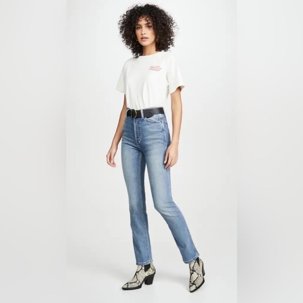 RE/DONE Double Needle Long High Waist Button Fly Jeans Straight Cut Hazey Indigo